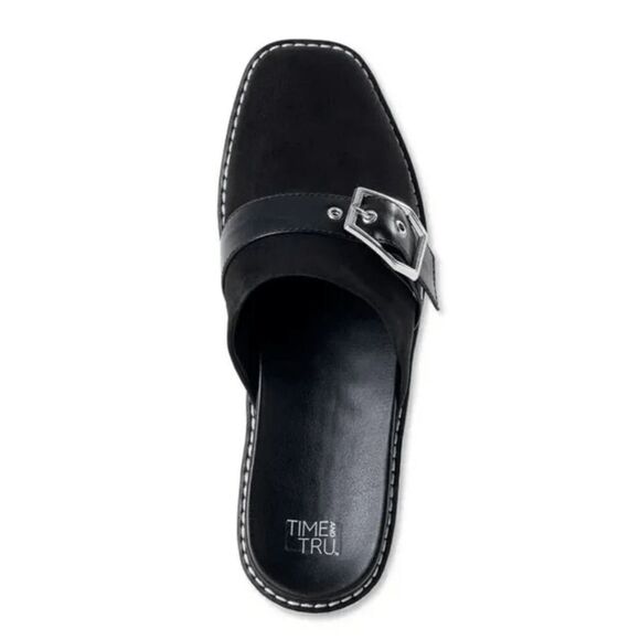 Size 9 Buckled Mule Slides Black Suede Comfort Flats Loafers Shoes - Picture 2 of 9